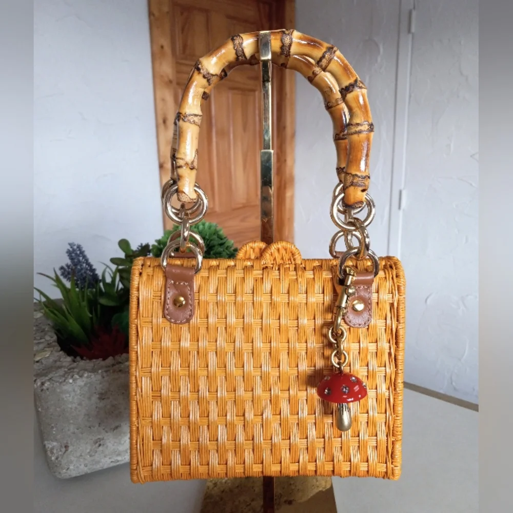 Serpui Paola Wicker Bag with Bamboo handles & strap. MSRP $398